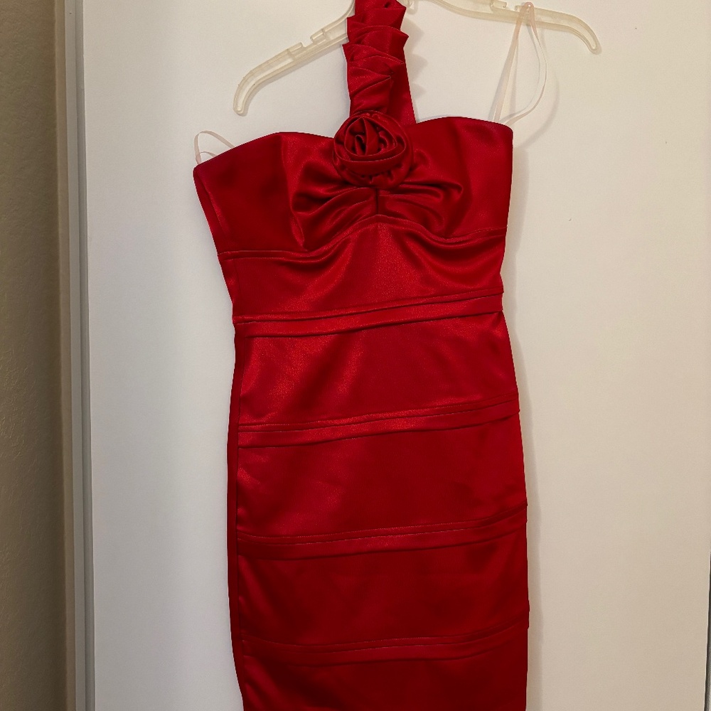 Beautiful Red Short Dress W/Satin Roses | Teeze Me